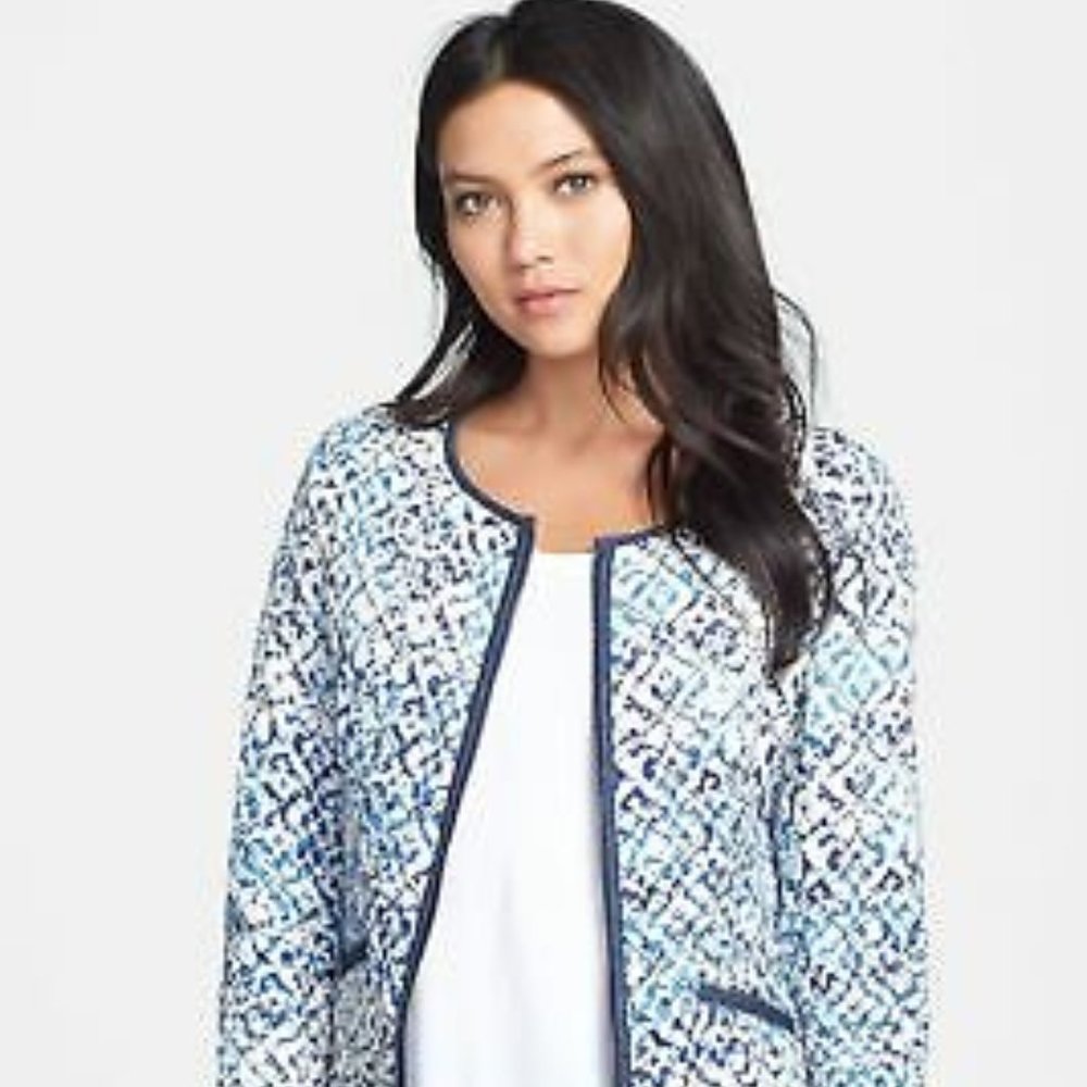 Hinge Blue White Hidden Faces Quilted Jacket